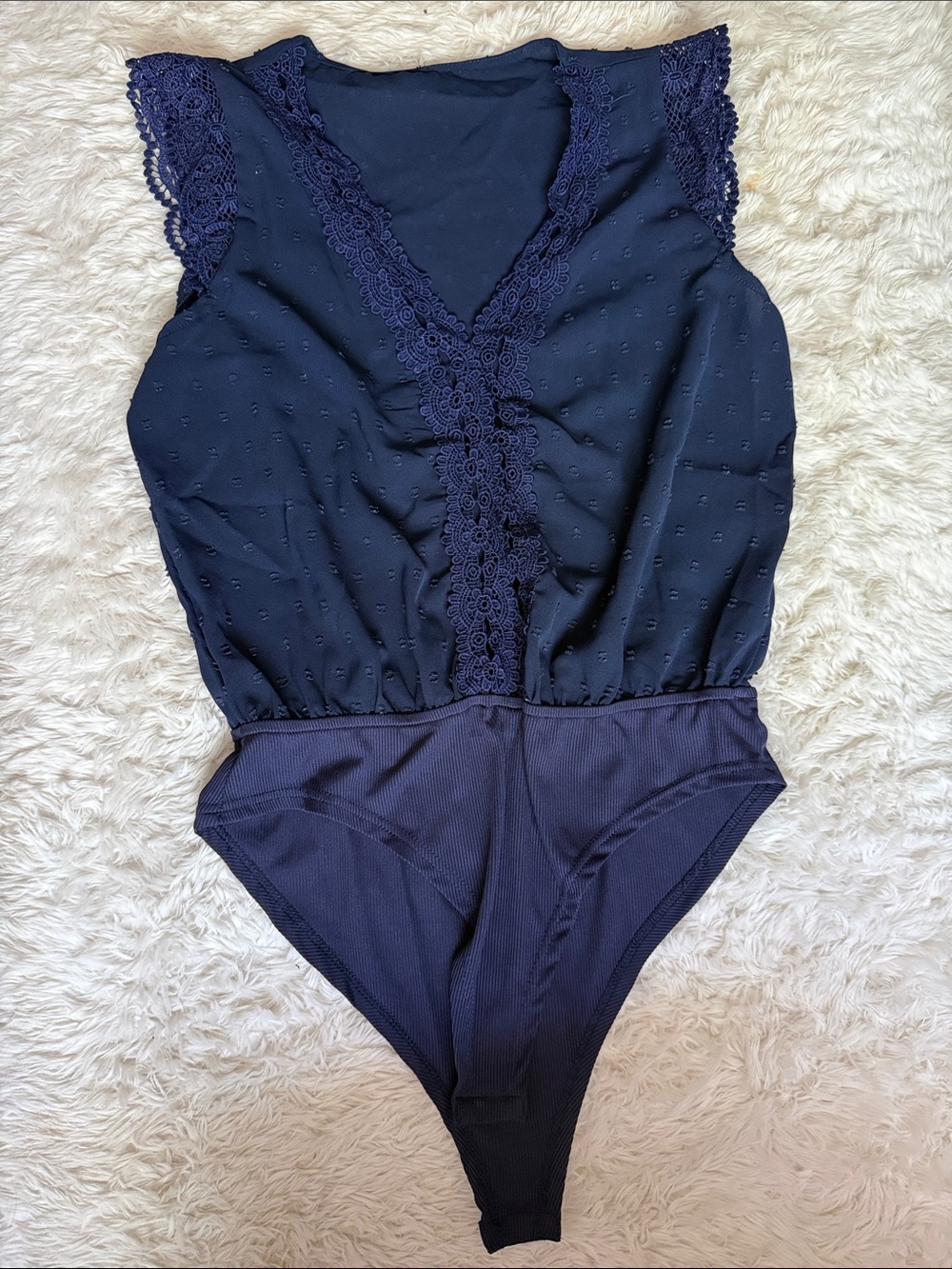SHEIN Navy Lace-Trim V-Neck Sleeveless Bodysuit